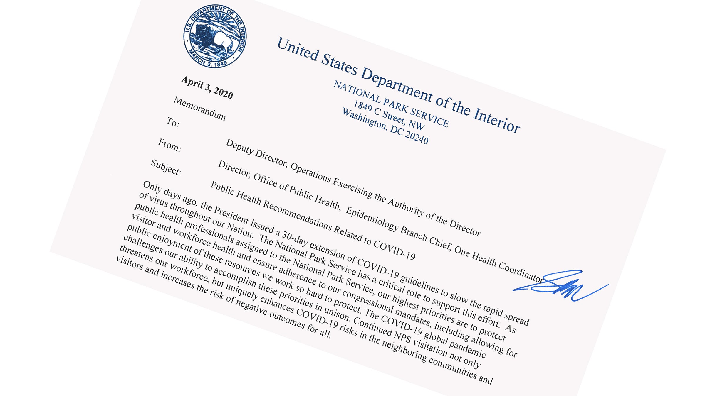 An internal NPS memo dated April 3 calls for decisive action to be taken in order to curb the spread of COVID-19 inside parks.