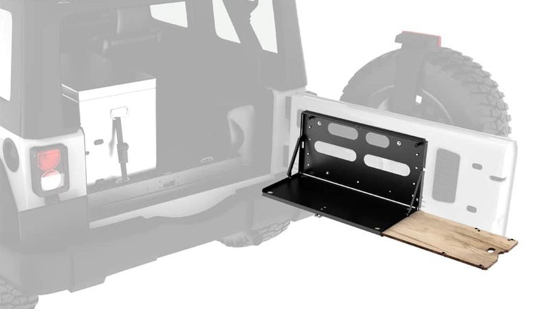 Designed for the Jeep Wrangler, the Front Runner table includes a pullout cutting board and can easily be made to fit virtually any side-opening tailgate or swingout.