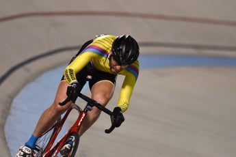The author riding off the front of a tempo points race at the Valley Preferred Cycling Center, in Breinigsville, Pennsylvania, in 2018