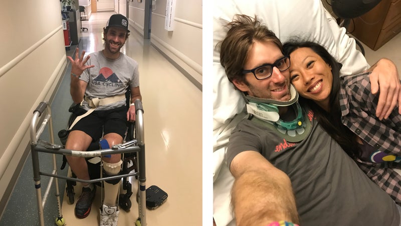 From left: the author celebrating having walked five laps around the unit at Craig Hospital, where he completed in-patient rehabilitation; the author with his fiancée on his first night at Craig Hospital