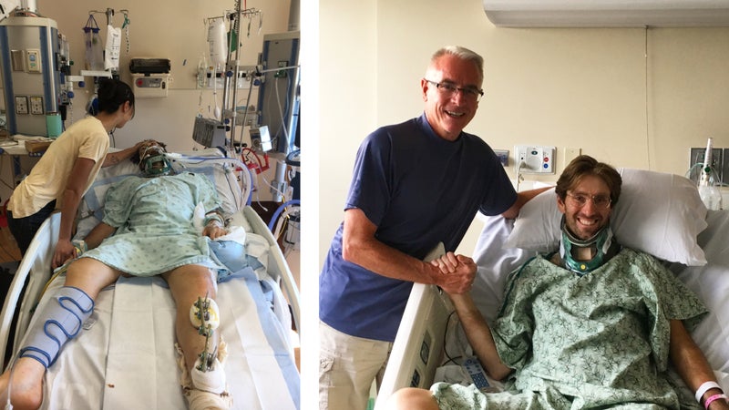 From left: Gloria Liu, the author’s fiancée, caring for him in the surgical ICU at Denver Health in late July, 2019; the author meeting Tim Gillach for the first time in August, 2019