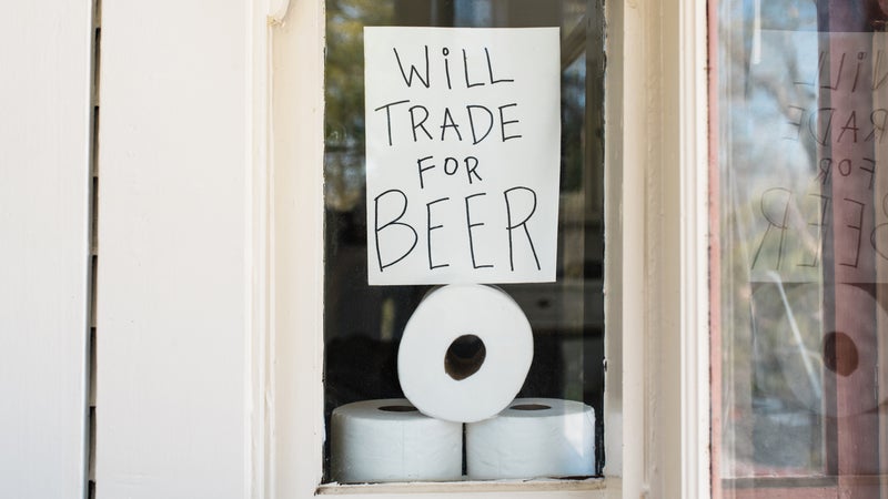 Covid-19 Window Sign About Trading Toilet Paper For Beer