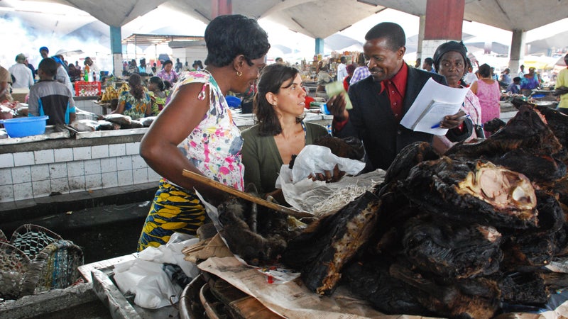 La Cerva (center) researching the wild-meat trade at the central market of Kinshasa in the Democratic Republic of Congo