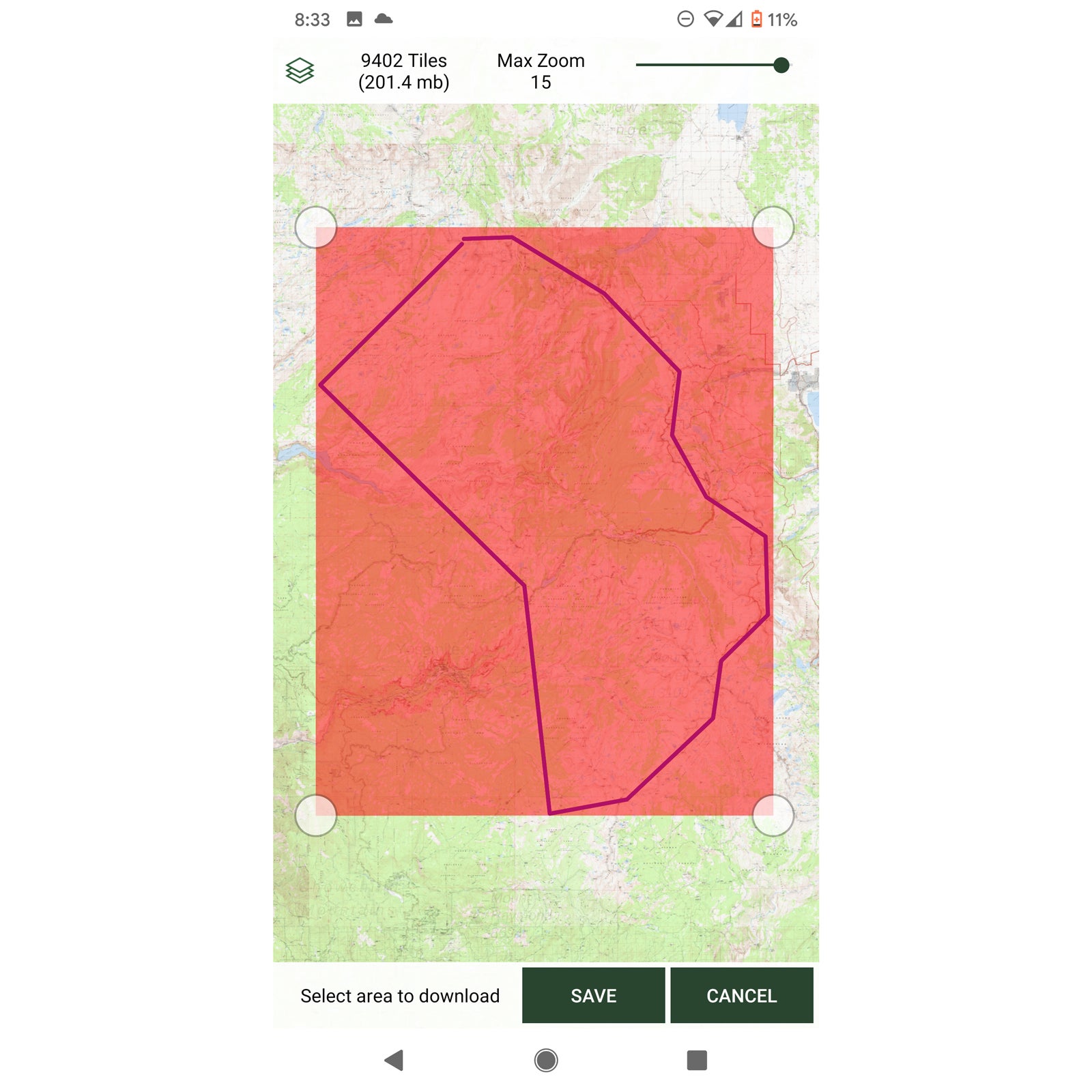 The map(s) within the red-shaded area will be downloaded.
