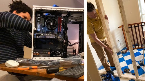 From left: Max building a computer; Hodding framing a room
