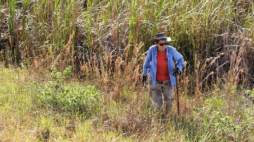 Donna Kalil walks through the grass looking for signs of snakes.