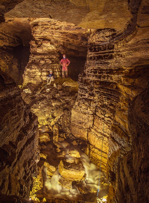 Caver Kirk Moorhead (left) and Ackerman in Holy Grail Cave in 2017