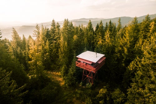 A fire lookout tower in Fernwood, Idaho, built in Washington state in 1959 and hauled to its current location. Converted by Kristie Mae Wolfe.
