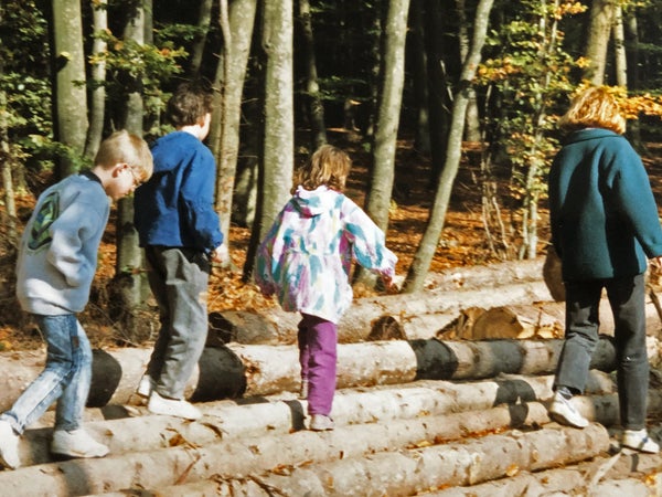 Martin Fritz Huber (left) as a seven-year-old, walking with friends during a volksmarch in Germany.