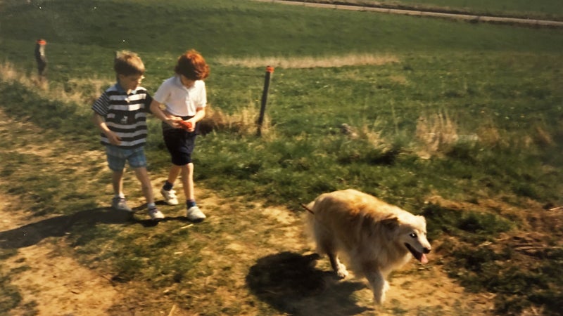 Martin Fritz Huber (left) as a seven-year-old, walking with friends during a volksmarch in Germany.