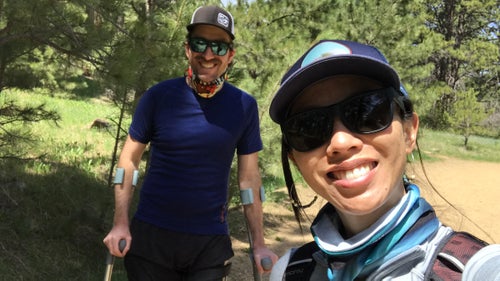 The writer and her fiancé, Andrew Bernstein, walking their neighborhood trails in Boulder, Colorado, in May