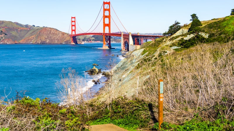 View towards Golden Gate bridge from the coastal trail, Presidio park, San Francisco, California