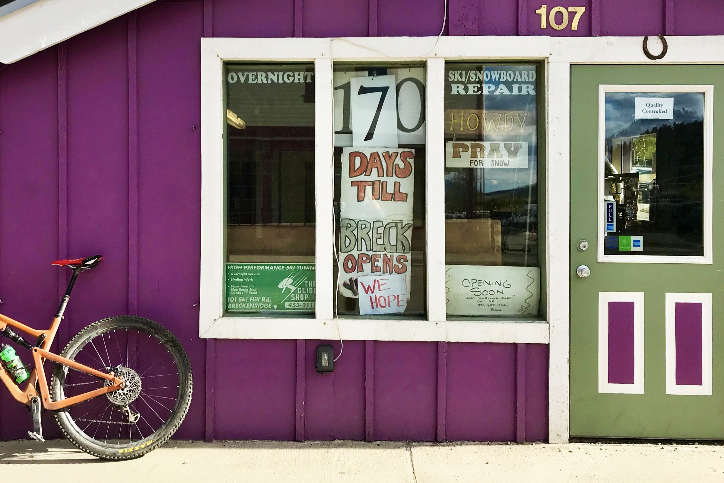 This tiny tune shop on Ski Hill Road does an annual countdown to opening day. This year, the owner, Pup Ascher, added a caveat.