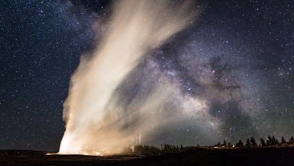 Old Faithful on a clear summer night