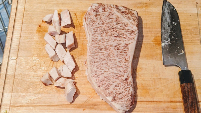 Before cooking, I trimmed the fat cap off the striploin, then used that fat to cook the steak. Doing it this way means you’re tasting nothing but the highest-quality beef.