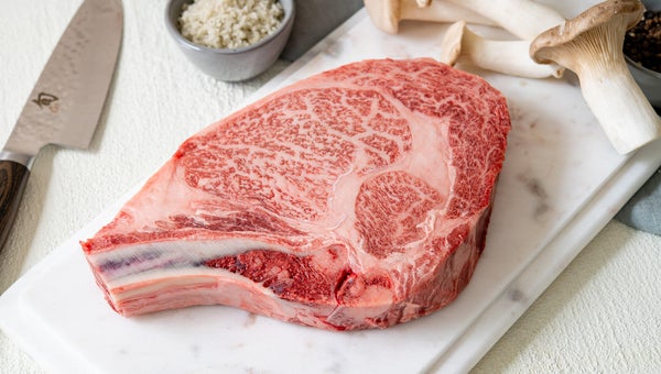 A bone-in A5-grade Wagyu rib eye from the Wagyu Shop