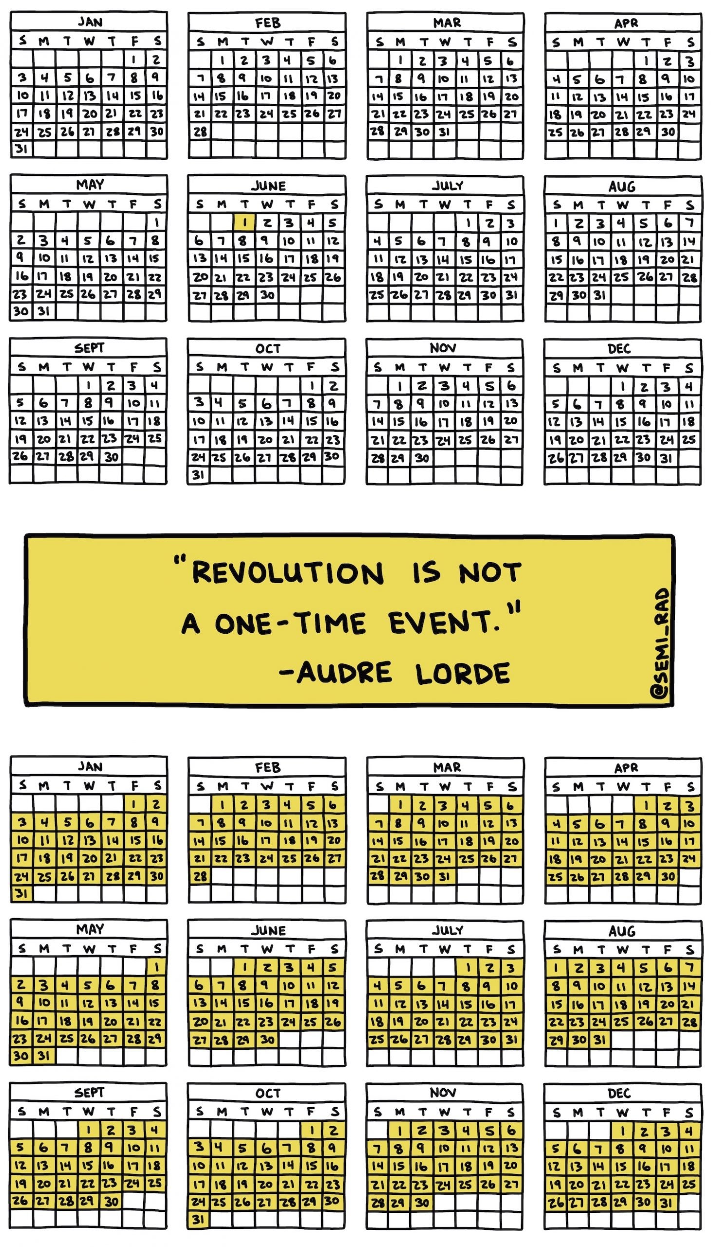 many calendars that show action should be everyday not just one, with an Audre Lorde quote