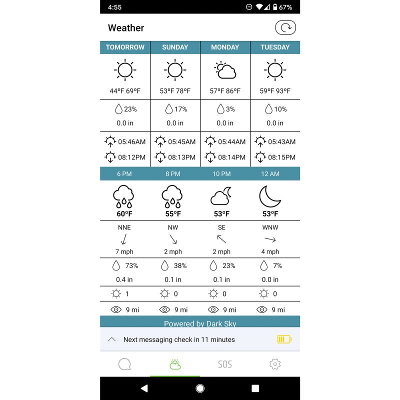 Both devices have location-specific weather forecasting. Here is the screenshot from the Zoleo app.