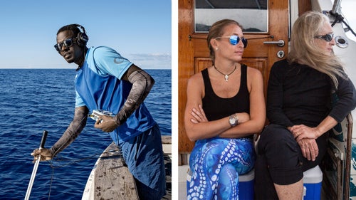 From left: Pernell Francis listening for whales; Gaelin and Stacy Rosenwaks