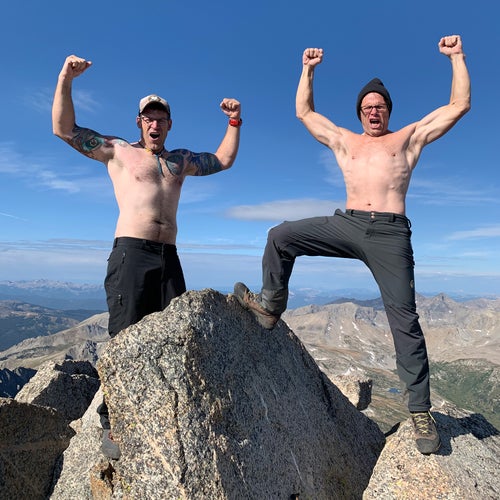Matt “Large” Hebard (left) with the author on the summit of Colorado’s Mount Harvard in fall 2019