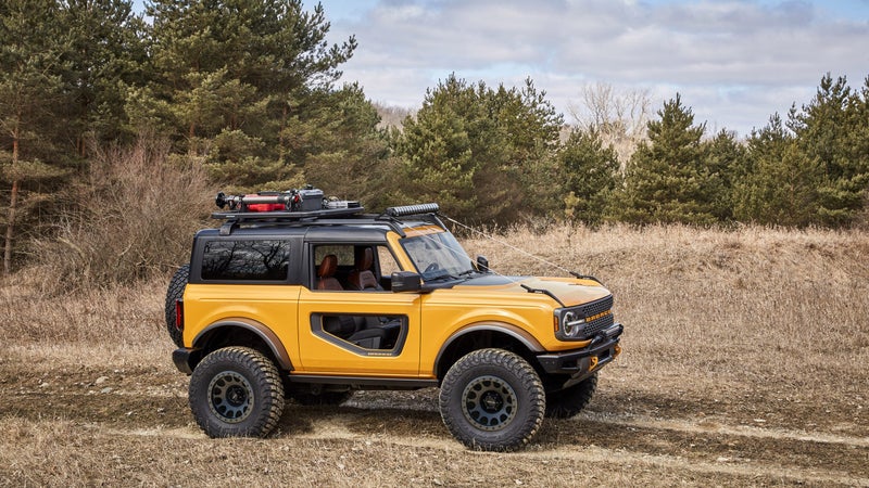A heavily accessorized two-door Bronco.
