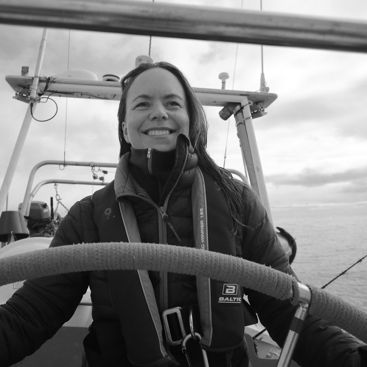 Marine biologist Marthe Larsen Haarr at the wheel