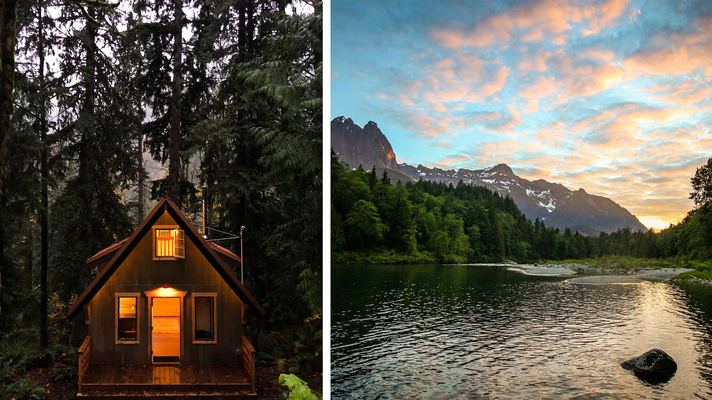 The finished cabin in 2019. The Skykomish River, where Bryan and Pat bathed at the end of each day.