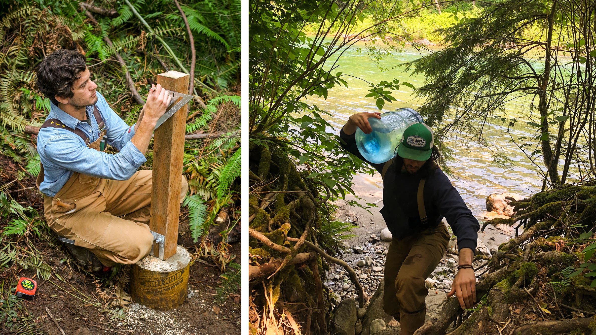 Bryan marks the cabin’s foundation posts. Pat hauls water from the Skykomish River for mixing concrete.