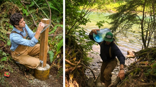 Bryan marks the cabin’s foundation posts. Pat hauls water from the Skykomish River for mixing concrete.