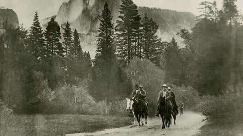 Theodore Roosevelt, right, and John Muir, left, heading out of Yosemite Valley on May 15, 1903