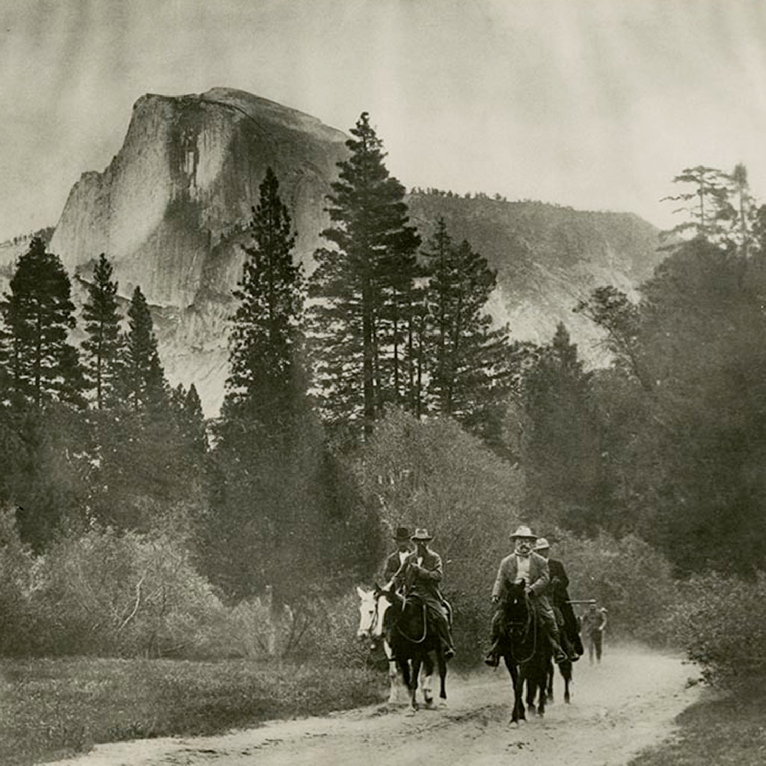 Theodore Roosevelt, right, and John Muir, left, heading out of Yosemite Valley on May 15, 1903