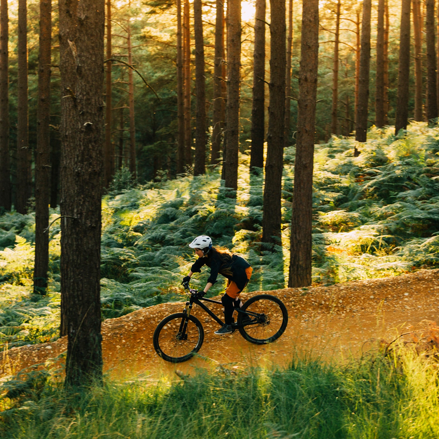 A Woman Cycling Down A Sandy Forest Path At Sunset