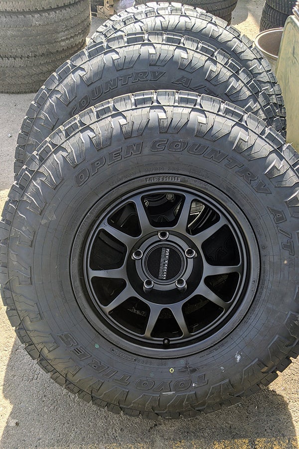 These are the Method 702 wheels and 34-inch Toyo Open Country A/T III tires I’d originally planned to run. The Toyos compete very closely with Falkens to be the mostest all-terrain tire out there. I ended up running the A/T III’s simply because they were a little lighter in my chosen size.