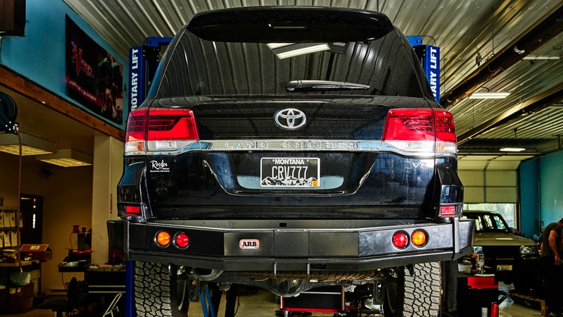 Free of the need to carry a swing-out, the rear bumper adds protection without getting in the way. Those extra lights repeat the brake lights and turn signals, making the Land Cruiser much more visible on the road.
