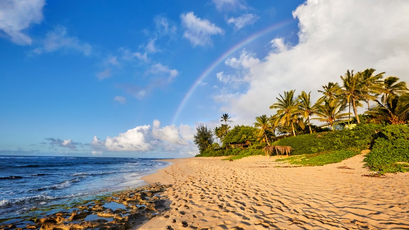 rainbow over the popular surfing place Sunset Beach, Oahu, Hawaii