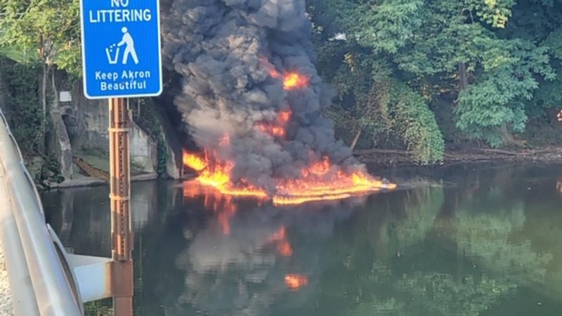 Fuel spilled by a tanker burns in the Cuyahoga River on August 25th.