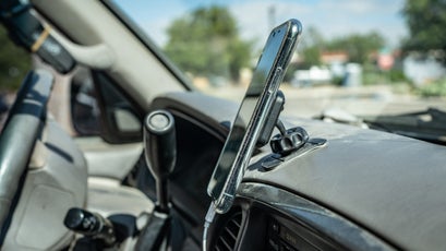 This steel car phone mount is made for the road