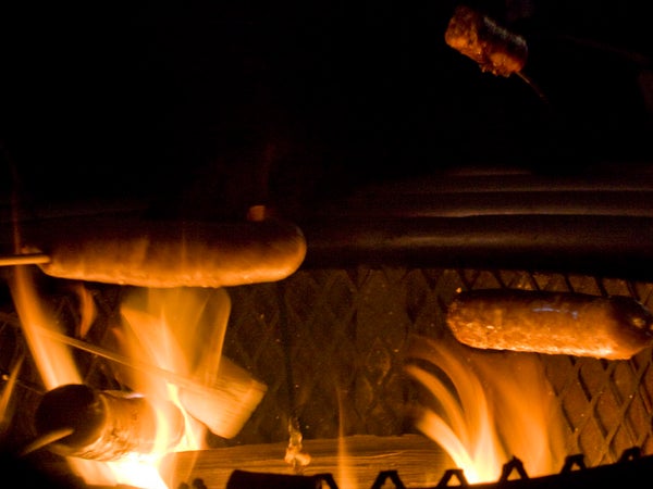 Sausages over a campfire