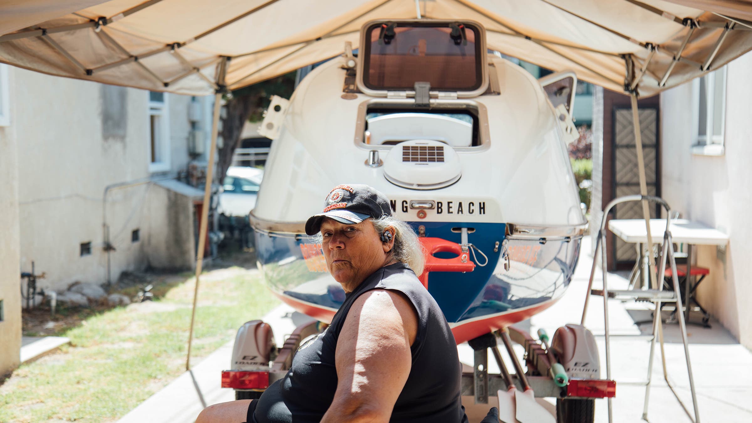 Madsen in her backyard not long before her row. “I’m going to be safer out there,” she said of leaving California in the midst of the coronavirus pandemic.