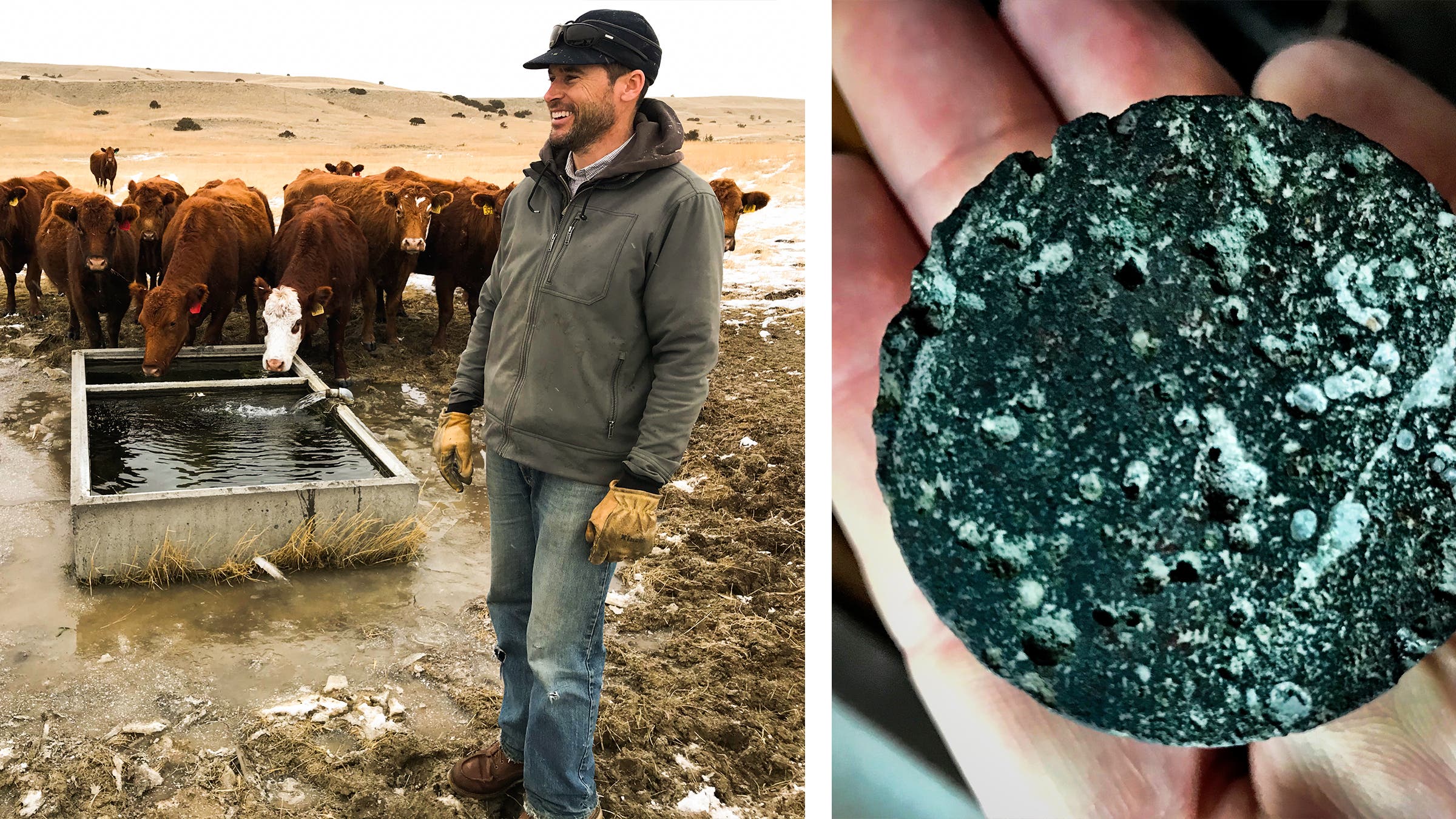 From left: rancher Alex Blake, a member of the Montana Grasslands Carbon Initiative; a piece of basalt rock shows the residue of stored, mineralized carbon dioxide that was scrubbed out of the atmosphere using an industrial process developed by the Swiss company Climeworks.