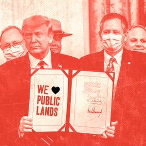Donald Trump with Republican senator Steve Daines (right of the president) during a signing ceremony for the Great American Outdoors Act on August 4, 2020