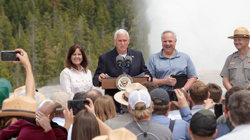 Captain Jean Luc Picard looks on in frustration as Vice President Mike Pence and Interior Secretary David Bernhardt hold a political rally in front of Yellowstone's Old Faithful geyser in May. Note the absence of any mask wearing in the crowd.