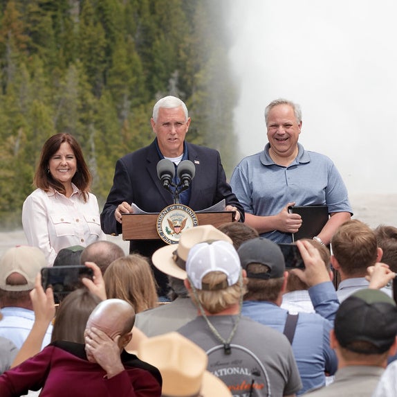 Captain Jean Luc Picard looks on in frustration as Vice President Mike Pence and Interior Secretary David Bernhardt hold a political rally in front of Yellowstone's Old Faithful geyser in May. Note the absence of any mask wearing in the crowd.