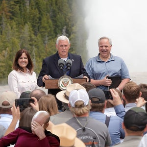 Captain Jean Luc Picard looks on in frustration as Vice President Mike Pence and Interior Secretary David Bernhardt hold a political rally in front of Yellowstone's Old Faithful geyser in May. Note the absence of any mask wearing in the crowd.