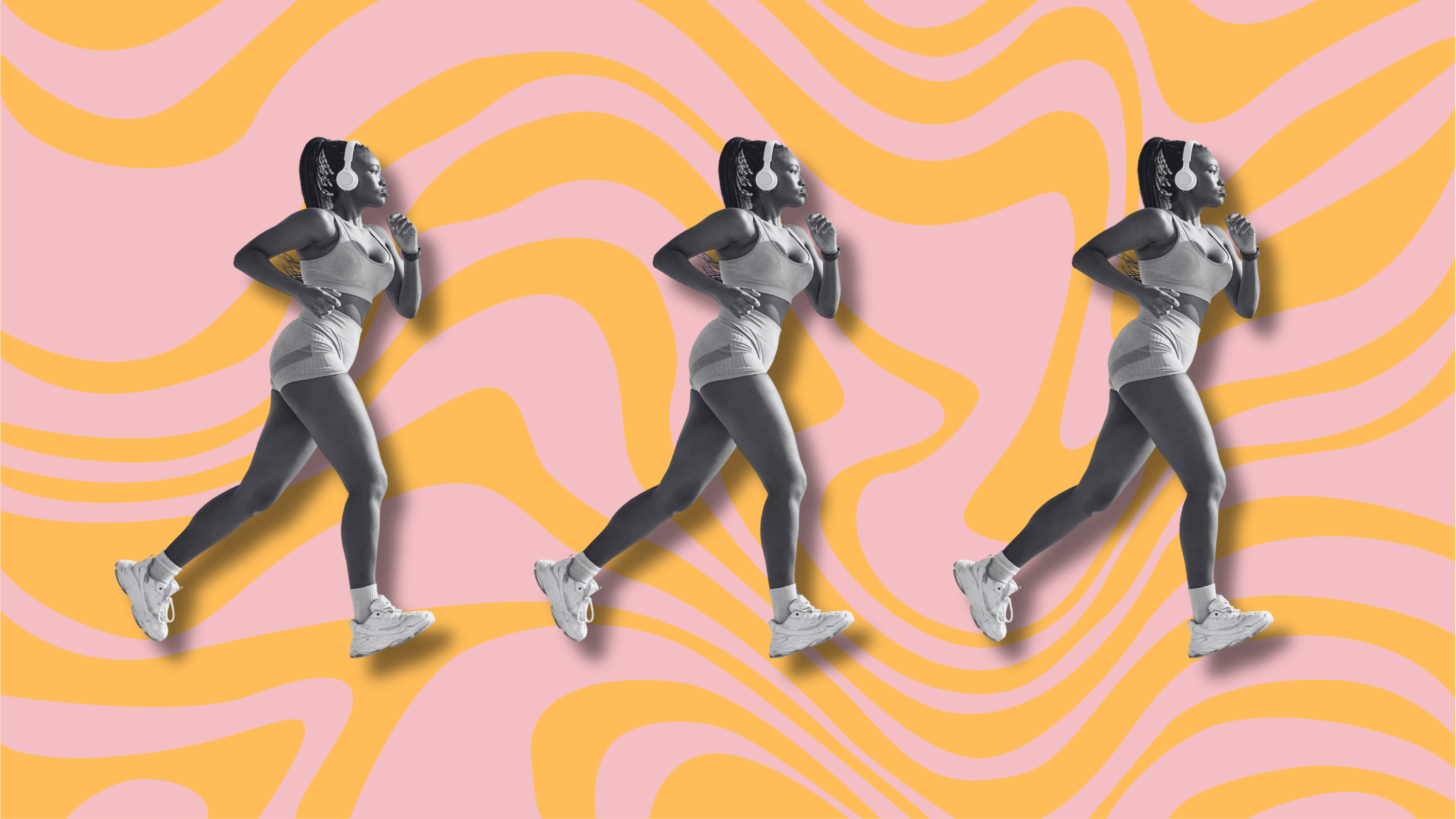 woman running making common mistakes that cause gut problems and issues; the woman is running in front of a pink and orange wavy background