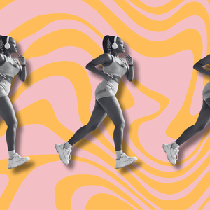 woman running making common mistakes that cause gut problems and issues; the woman is running in front of a pink and orange wavy background