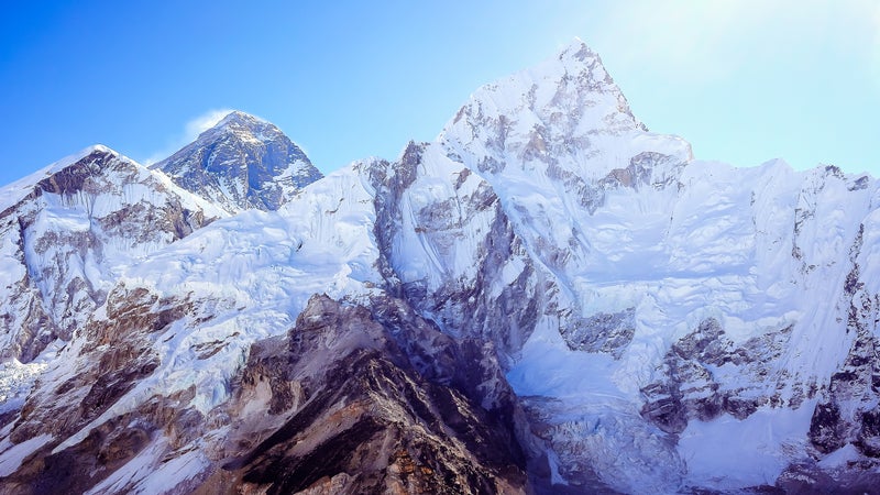 The beautiful landscape with the snow mountains including Mt. Everest and Mt. Lhotse from the peak of Kala Patthar in Himalayas, Nepal