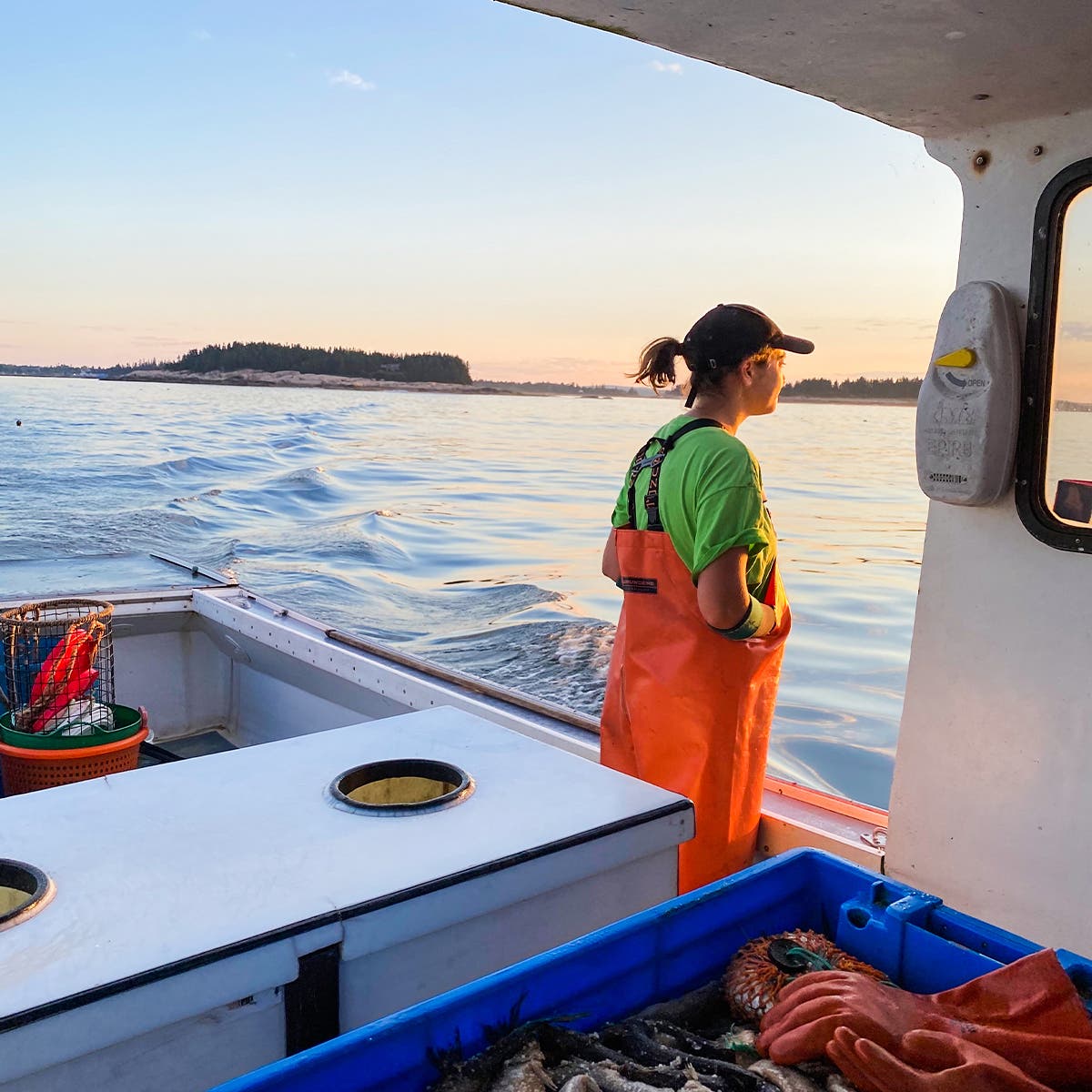 The author aboard <i>Priceless</i>, motoring out to the lobster traps