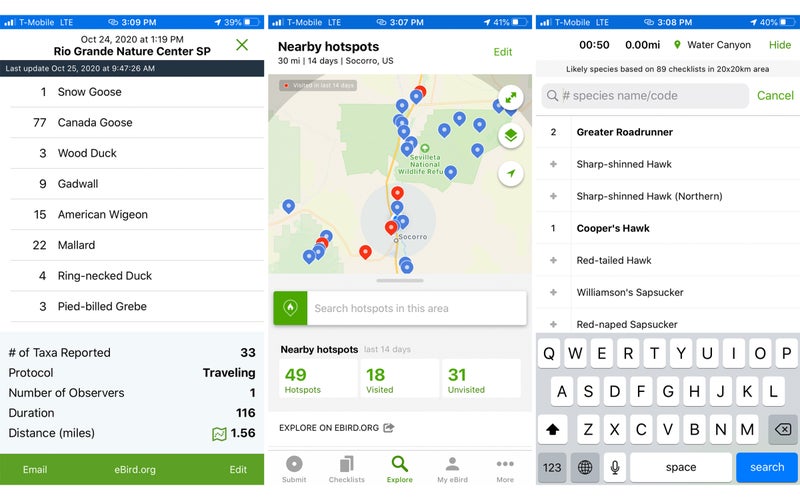 Screenshots from the author鈥檚 eBird app showing checklists and hot spots in her home state of New Mexico