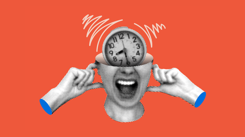 Deadline and tired concept. Screaming woman and alarm clock